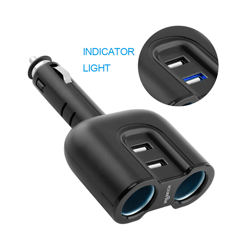 Rocketek Cigarette Lighter 4 in 1 Dual Sockets USB Car Charger 
