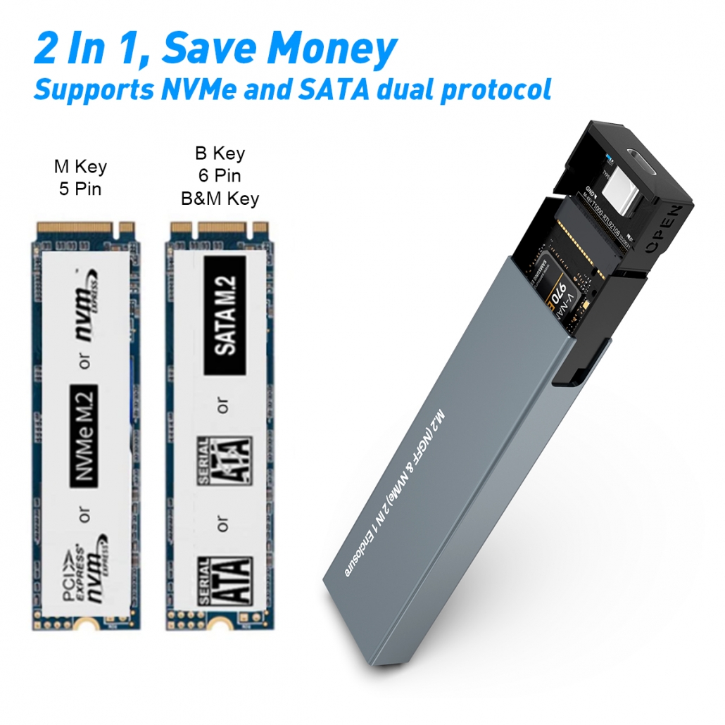 Dual protocol USB3.1 M.2 nvme and ssd sata Hard disk enclosure 