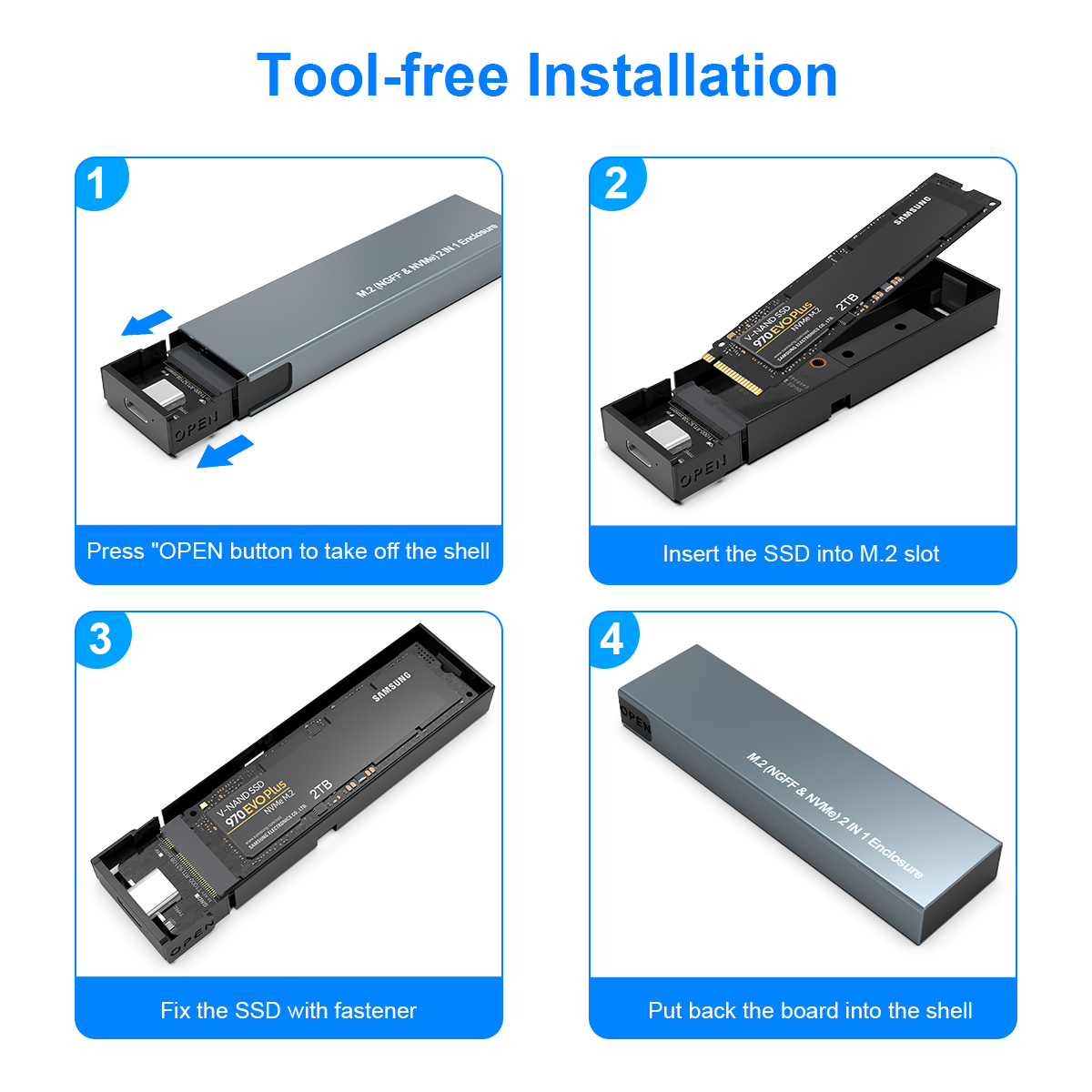 Boîtier Rocketek M.2 NVME et SATA NGFF en Aluminium Dual Protocol